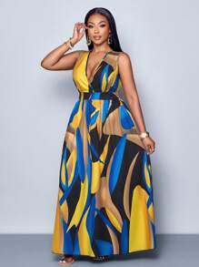 SOLERSUN Women's Plus Size Simple Everyday All Over Print Deep-V Neck Sleeveless Long Dress (Random Printing) - Blue - View 5