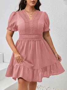 SHEIN VCAY Plus Size Lace Patchwork Puff Sleeve Summer Dress,Sun Dresses For Women - Baby Pink - View 6