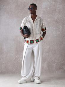 SUMWON Camicia di lusso con bottoni a uncinetto, abbigliamento estivo da resort, maglietta casual a maniche corte in maglia, vacanze al mare, motivo a quadrati nonna, collo e motivo intrecciato - Albicocca - Visualizzare 6