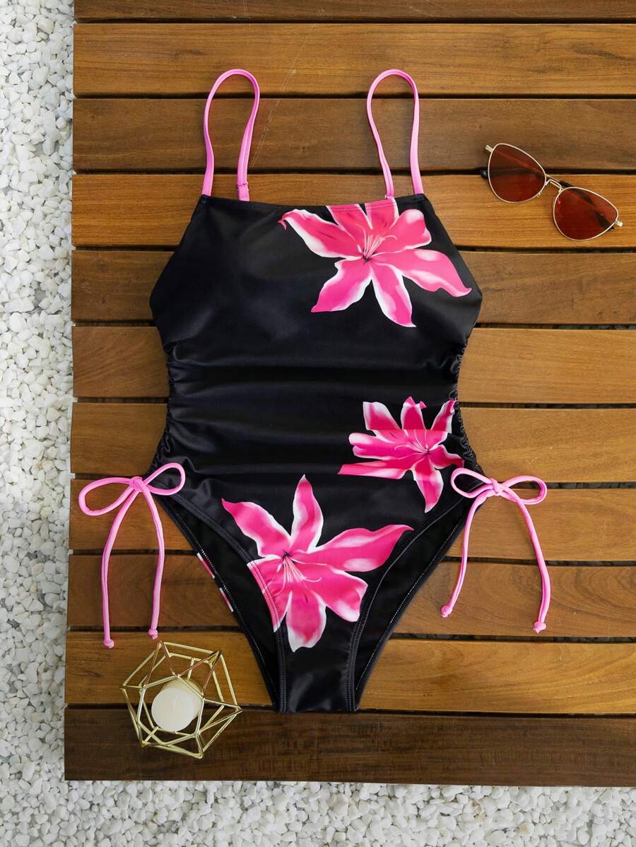 Swim Mod New Summer Women Yellow Floral Print Spaghetti Strap Side Drawstring One-Piece Swimsuit - Black - View 1