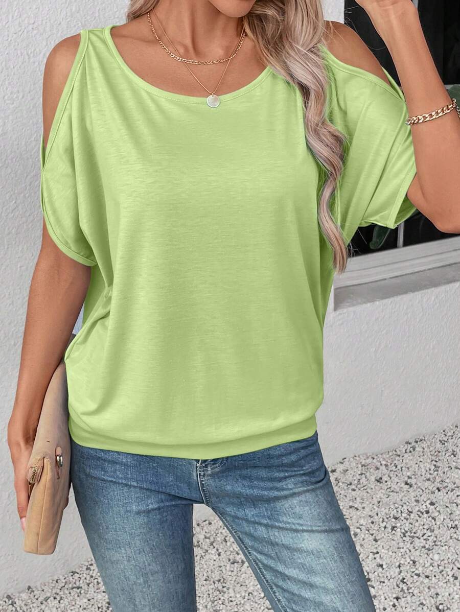 SHEIN LUNE Áo thun cổ tròn tay ngắn hở vai đơn giản, thích hợp cho mùa hè - Màu xanh Bạc hà - Xem 1