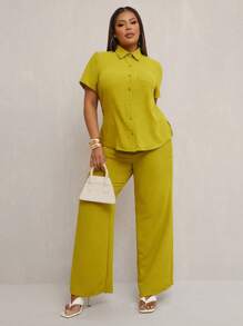 SHEIN SXY Conjunto de 2 piezas de primavera y verano para mujer de talla grande: camisa de manga corta elegante y sexy con pantalones rectos. Traje de dos piezas adecuado para uso diario de oficina, trabajo, crucero, salida, vacaciones en la playa, elegante, ropa de calle, que alarga las piernas.
