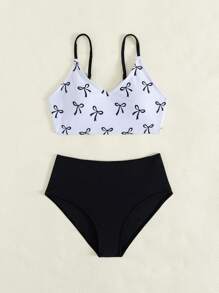 Tween Girls' Bow Print Bikini Set For Summer Beach Holiday Young Girls Sets Bathing Suits For Teens Sets Swim Suits For Women Swimming Suits For Woman Bathing Suits Teen Set - Black - View 5