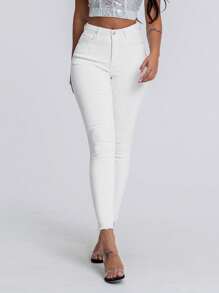SHEIN SXY Solid Color Slim Fit Pocket Frayed Hem Fashionable Casual Jeans Pants - White - View 3