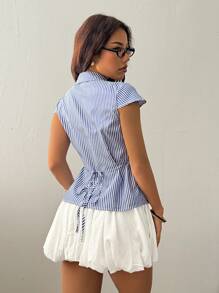 Flirla Casual Style Cinched Waist Front Open Hooded Short Sleeve Shirt