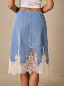 Poéselle Women's Contrast Lace Straight-Cut Casual Versatile Denim Skirt Casual, Old Money, Business Casual - Baby Blue - View 2