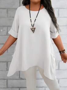 EMERY ROSE Damen Große Größen Sommer Blau Rundhals Kurzarm Doppeltasche Locker Lässig Mutter Shirts Damen Sommer Shirts