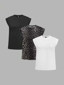 SHEIN LUNE Bộ 3 áo thun nữ mùa hè cổ tròn tối giản, tay lửng, ôm vừa vặn - Đen và trắng - Xem 6