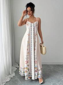 Rafferiza 1 pieza Vestido suelto con estampado floral y tirantes de espagueti para mujer, casual para playa/vacaciones