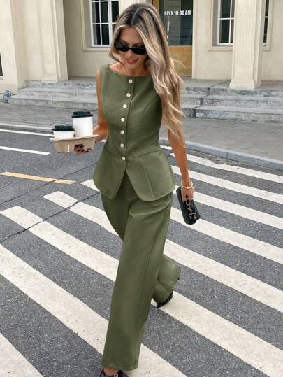 Serisse 2pcs Women Sleeveless Solid Color Vest And Pants Set, Fashionable For Summer Green Casual Christmas