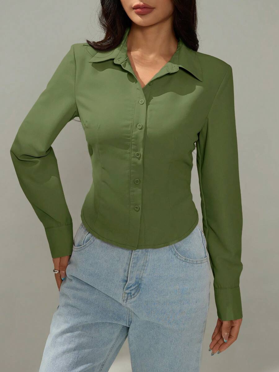 SHEIN PETITE Basic Casual Long Sleeve Shirt With Cinched Waist - Green - View 1