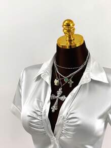 Amplova Gyaru Concert 女装度假女士夏季女式 Polo 领褶皱胸前拼接短款衬衫 - 白色 - 查看 4