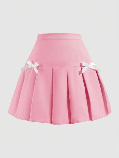 Sparklyn Tween Girls Black Skirt With White Bow Decoration, Pleated Hem, Casual & School Style