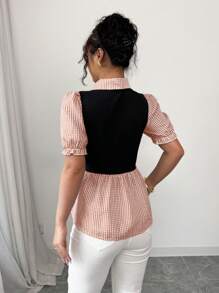 Elenzga Women's Plaid & Solid Color Contrast Print Elegant Short Sleeve Blouse - Multicolor - View 2