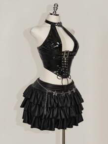 SHEIN ICON 加大码 Y2k 哥特风女式时尚 PU 皮革索环装饰后背系带背心 - 黑色 - 查看 8