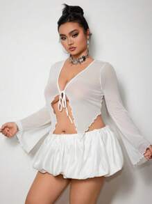 SHEIN ICON Icon Plus Size 纯色系带前开襟生菜边网眼 Y2k 上衣，白色，度假风 - 白色 - 查看 3