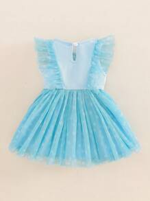 Baby Mädchen elegantes, süßes, leichtgrünes Kleid mit Blumenmuster aus Mesh- und Rippstoff ohne Ärmel in A-Linie, wunderschön und niedlich, geeignet für Frühling/Sommer, Outdoor, Partys, Fotoaufnahmen, Alltagsanlässe - Blau - Übersicht 2