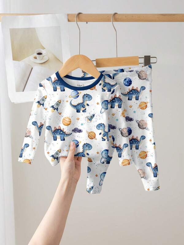 SHEIN Ensemble de pyjama bébé garçon, imprimé dinosaure et galaxie, ajustement confortable et décontracté, col rond, manches longues, pantalon. Adapté pour l'automne/l'hiver