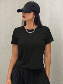 DAZY Áo thun nữ cổ tròn tay ngắn ôm vừa vặn, phong cách thời trang tối giản phù hợp cho mùa hè - màu đen - Xem 1