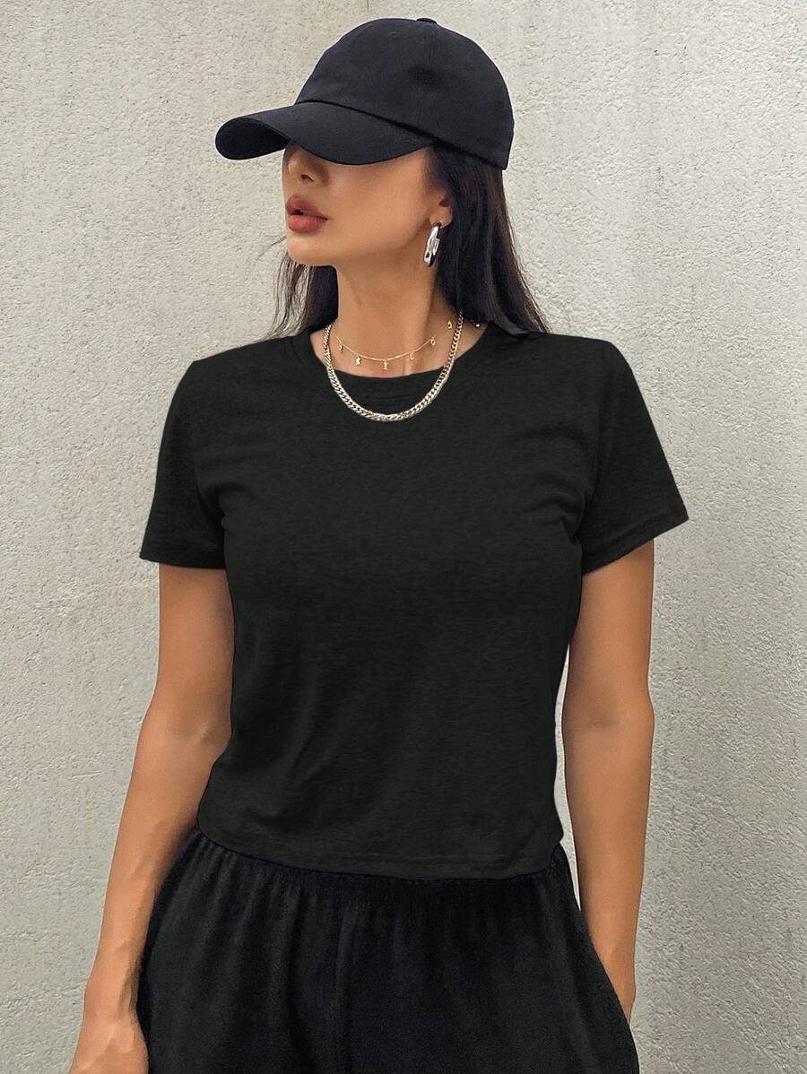 DAZY Áo thun nữ cổ tròn tay ngắn ôm vừa vặn, phong cách thời trang tối giản phù hợp cho mùa hè - màu đen - Xem 1