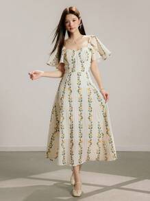 Modelyn Women's Long Dress With Ruffled Sleeves, Romantic Holiday Style, Women's Graduation Dress, Women's Summer Dress, Floral Lemon Print Dress - Multicolor - View 6