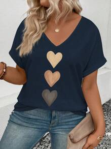 INAWLY Women's V-Neck Flare Cuff Ombre Heart Print Casual Versatile T-Shirt, Spring/Summer - Navy Blue - View 6