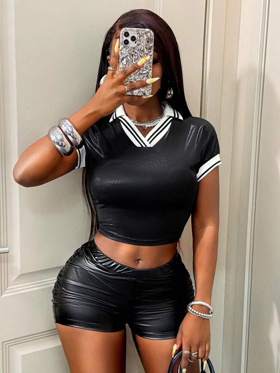 BamGleam Summer Fashion Contrast Trim Cropped Fitted Short Sleeve T-Shirt - Black - View 1