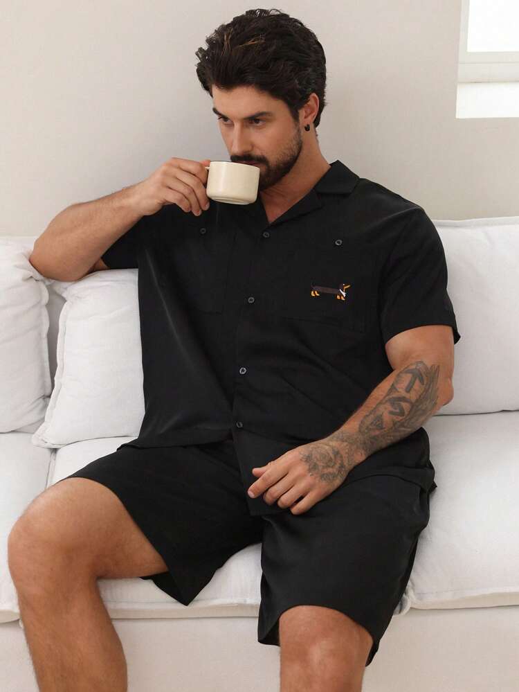 Puppy Embroidered Men's Sleepwear Suit, Summer Pajama