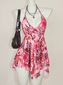 SHEIN ICON Camisola sin espalda con estampado floral retro para mujer, blusa bohemia y de estilo Y2K con escote en V para playa y uso casual, primavera/verano