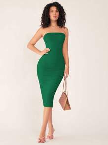 SHEIN BASICS 女式露肩修身紧身休闲晚宴连衣裙 - 墨綠色 - 查看 3