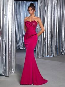 Glamrae 优雅华丽的玫瑰红色亮片刺绣拼接针织前卫异形领带装饰褶皱合同约会单身派对毕业典礼婚礼活动重量级晚礼服，正式，礼服，适合晚会，婚礼嘉宾 - 玫紅色 - 查看 3