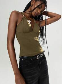 Easelle Olive Green Knit Women's Tight Fit Camisole, Fashionable For Summer - Army Green - View 5