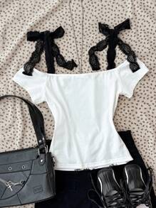SHEIN Teen Girls' Casual Black & White Lace Patchwork Bowknot Shoulder Strap Short Sleeve Graphic Tee, Retro Style, Spring/Summer Back To School