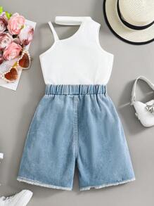 Tween Girls Textured Ribbed Tank Top & Distressed Denim Shorts Set - White - View 2