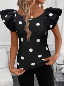 SHEIN Clasi Polka Dot Round Neck Cap Sleeve Fitted Women T-Shirt Summer For Women Spring For Women Summer For Women Teacher For Women - Black and White - View 4