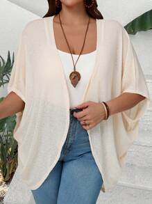 EMERY ROSE Plus Size Women's Solid Color Batwing Sleeve Loose Casual Open Front Jacket,Spring - Apricot - View 1