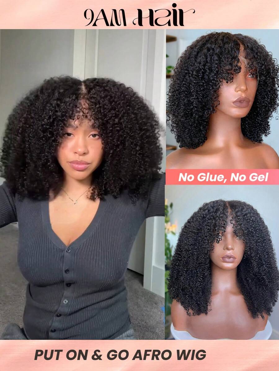 Peluca rizada tipo Jerry sin pegamento con cierre de encaje 4x4 de cabello humano, peluca de cabello humano con encaje cortado previamente para mujeres para usar y llevar, peluca rizada tipo Jerry natural negra sin pegamento, pre-pelada con una densidad del 180%