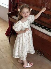 DAZY Young Girl Adorable Floral All-Over Print Bow Decor Formal Party Dress, Girls Summer Outfits - Apricot - View 2