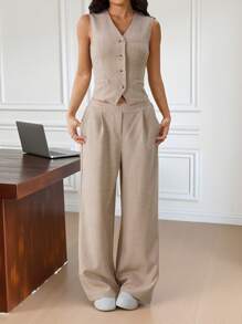 SHEIN PETITE Traje de negocios de mujer con chaleco abotonado de un solo pecho y pantalón en unicolor, conjuntos de dos piezas de otoño con chaleco de cuello en V y pantalón recto de mujer en unicolor, chaqueta blazer simple para mujer para el trabajo