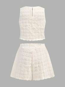 SHEIN Tween Girls Casual Vacation Simple Knitted Jacquard Pleated Sleeveless Top And Shorts Set