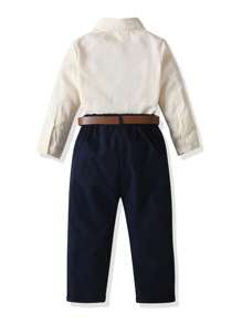 SHEIN 2 件套年轻男孩绅士服装 - 条纹蓝色长袖衬衫和西装裤（配腰带），生日派对、正式活动、婚礼、戒指持有人、花童的时尚服装 - 黃色 - 查看 2