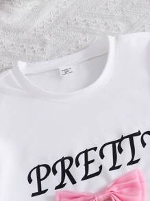 Sparklyn 2件套少女蝴蝶结短袖T恤和牛仔效果阔腿裤套装 - 白色 - 查看 3