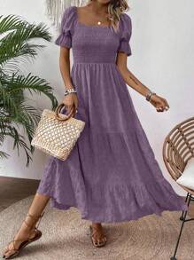 SHEIN Clasi 女式时尚纯色A字喇叭泡泡袖长裙女装 - 淺灰紫 - 查看 5