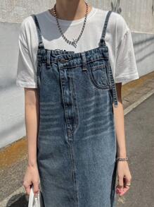 FRIFUL Women's Straight Cut Denim Pinafore Dress