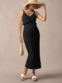 Boho Mama Maternity Summer Minimalist Textured Ruffle Trim Cami Dress - Black - View 7