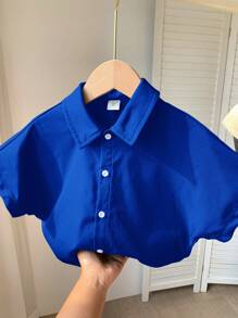SHEIN 1pc Boys Casual Comfortable Versatile Letter Pattern Batwing Sleeve Shirt, Suitable For Spring & Summer - Royal Blue - View 2