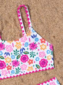 SHEIN 2pcs/Set Young Girl Cute Floral Print Ruffled Hem Bikini Swimwear Set, Spring/Summer Summer Holiday - Multicolor - View 5