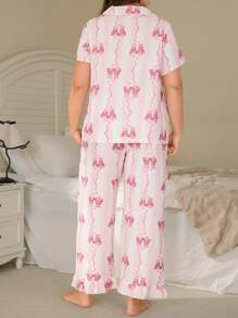 SHEIN Bowknot Striped Print Lapel Short Sleeve & Pants Plus Size Pajama Set Holiday Season - Multicolor - View 2