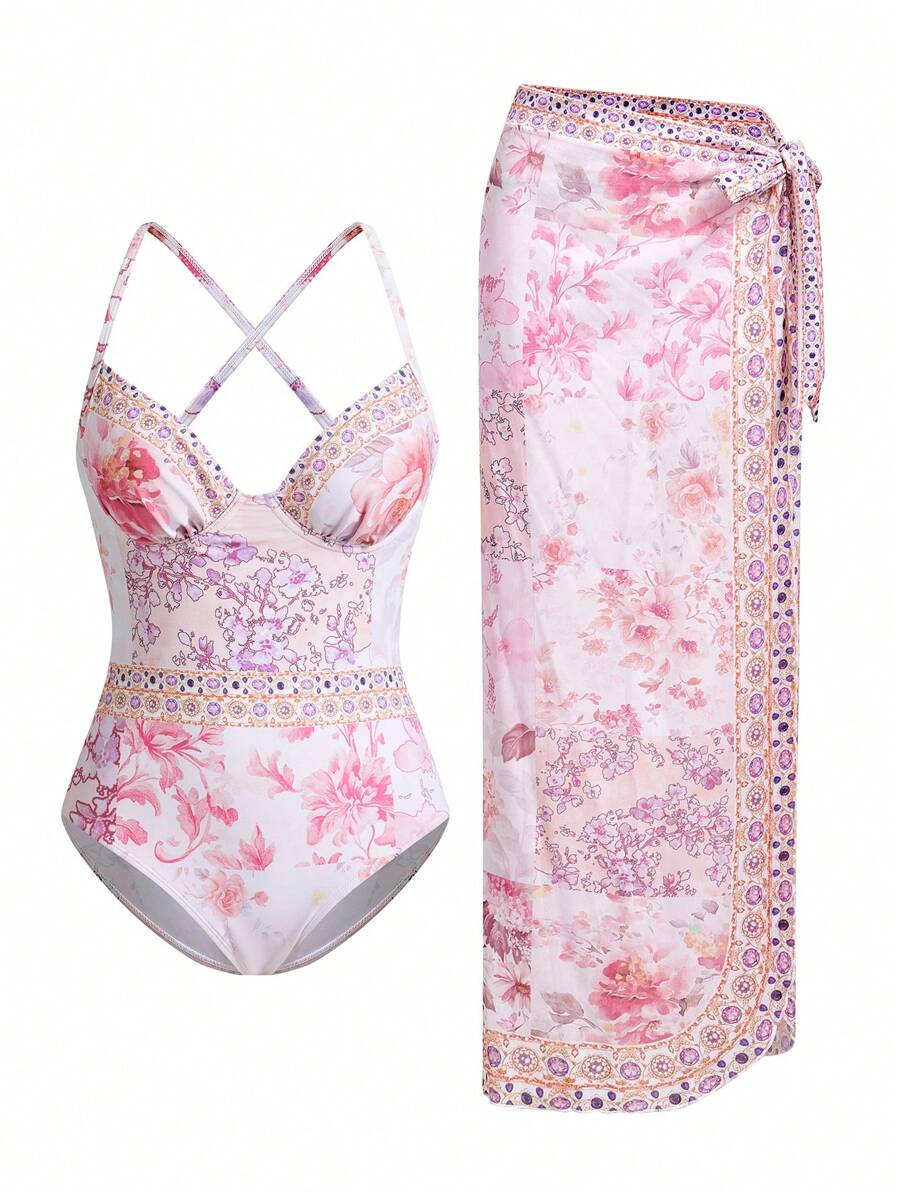 Swim Oasis 1Set Women Floral Print Swimsuit With Cover-Up Skirt Suit, Vacation Beach Fashion For Summer - Multicolor - View 1