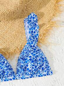 Teen Girls Blue Ditsy Floral Adjustable Shoulder Strap Ruffled Bikini Swimsuit Set For Beach Vacation Swimming - Multicolor - View 3